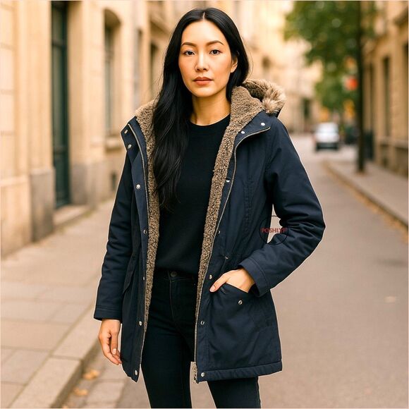 Levi's Black Arctic Cloth Parka Hooded Jacket w/ Hood Faux Fur Medium - Picture 1 of 13